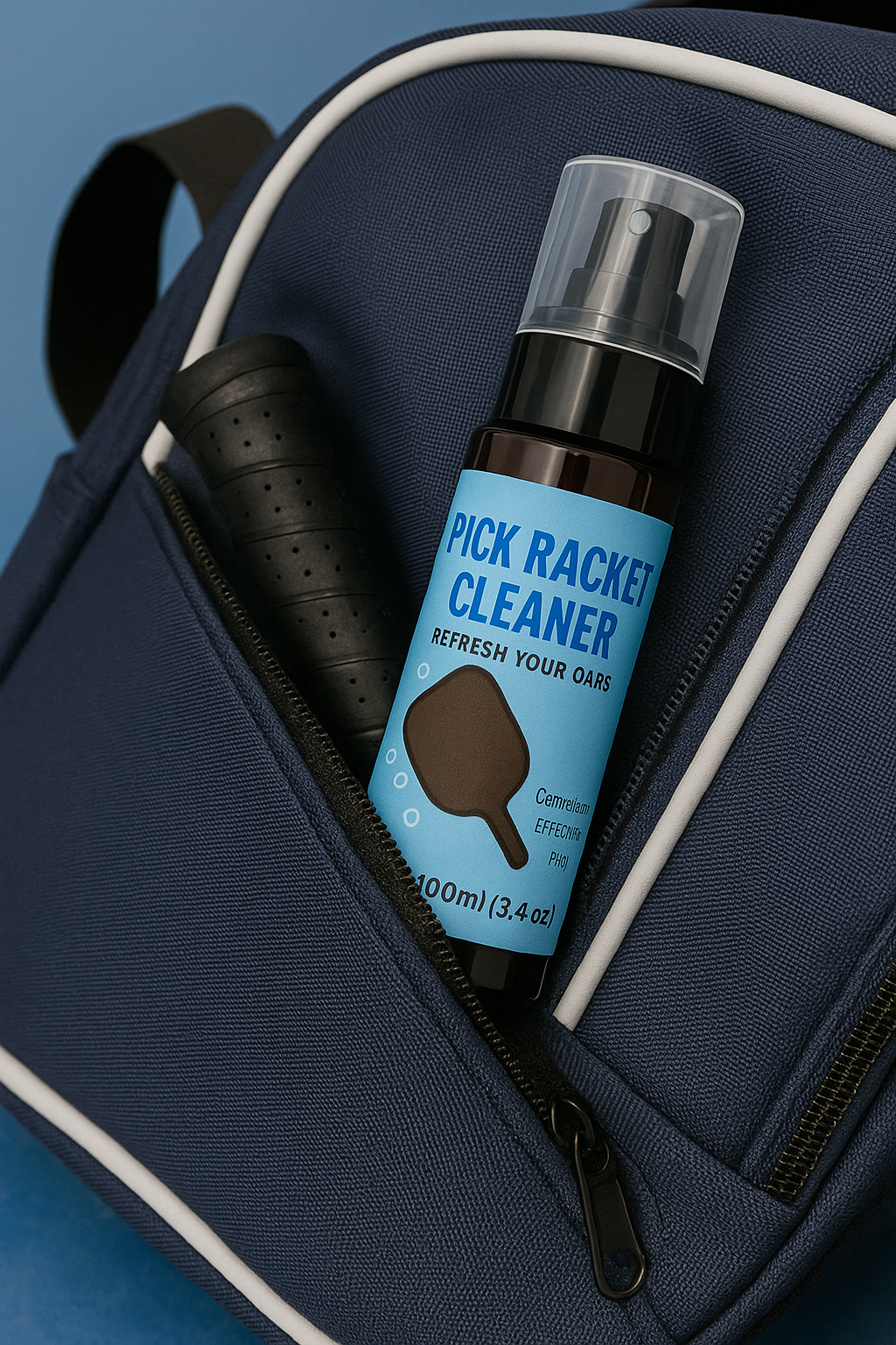 Compact pickleball paddle cleaner spray fitting into a gear bag