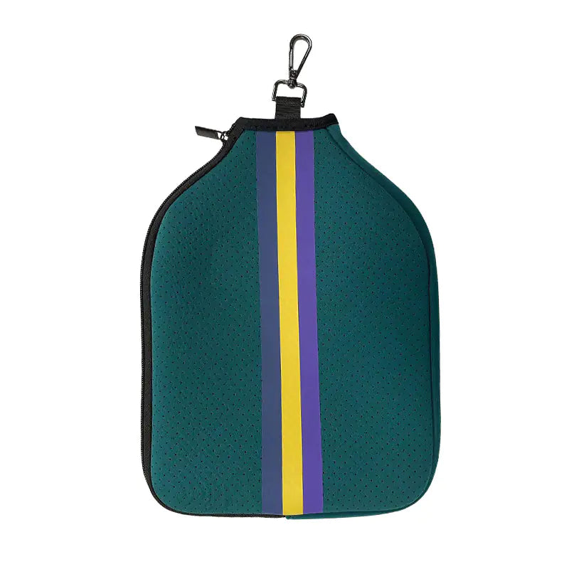 Pickleball paddle bag in multiple colors, standing upright on a court bench