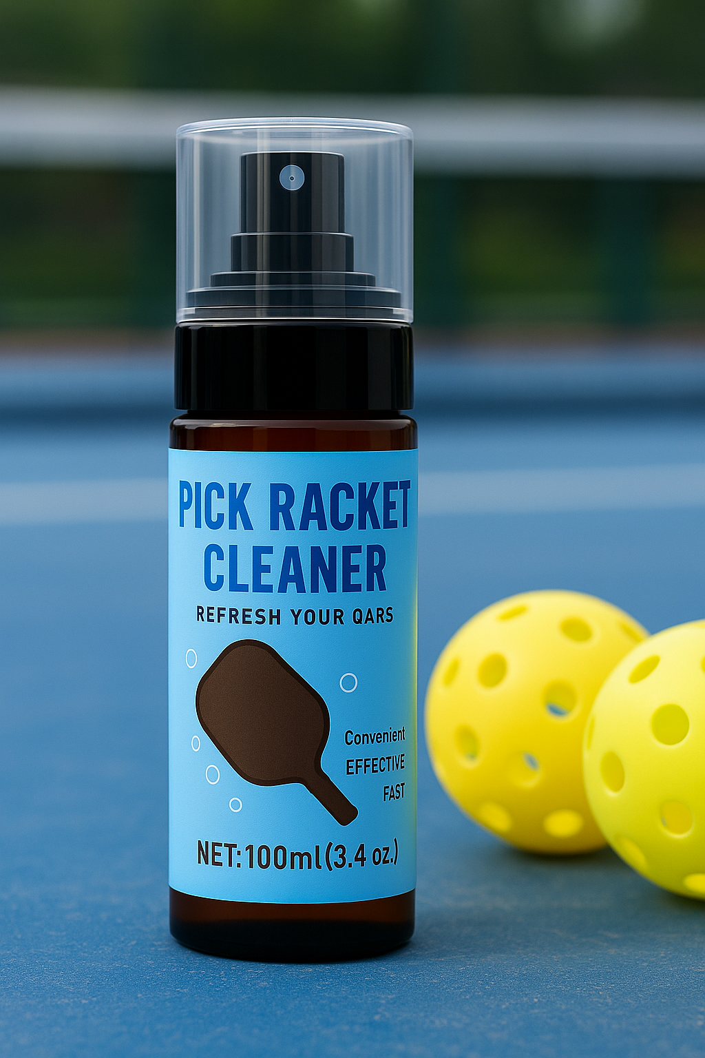 Pickleball paddle cleaner spray placed next to pickleball balls on court